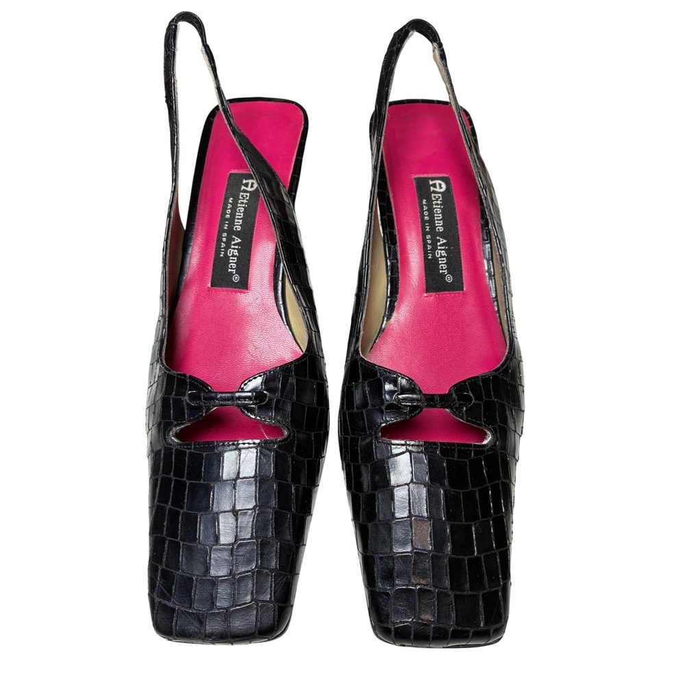 Etienne Aigner Vintage 90s Leather Croc Slingback Pumps Square Toe Black 9M
